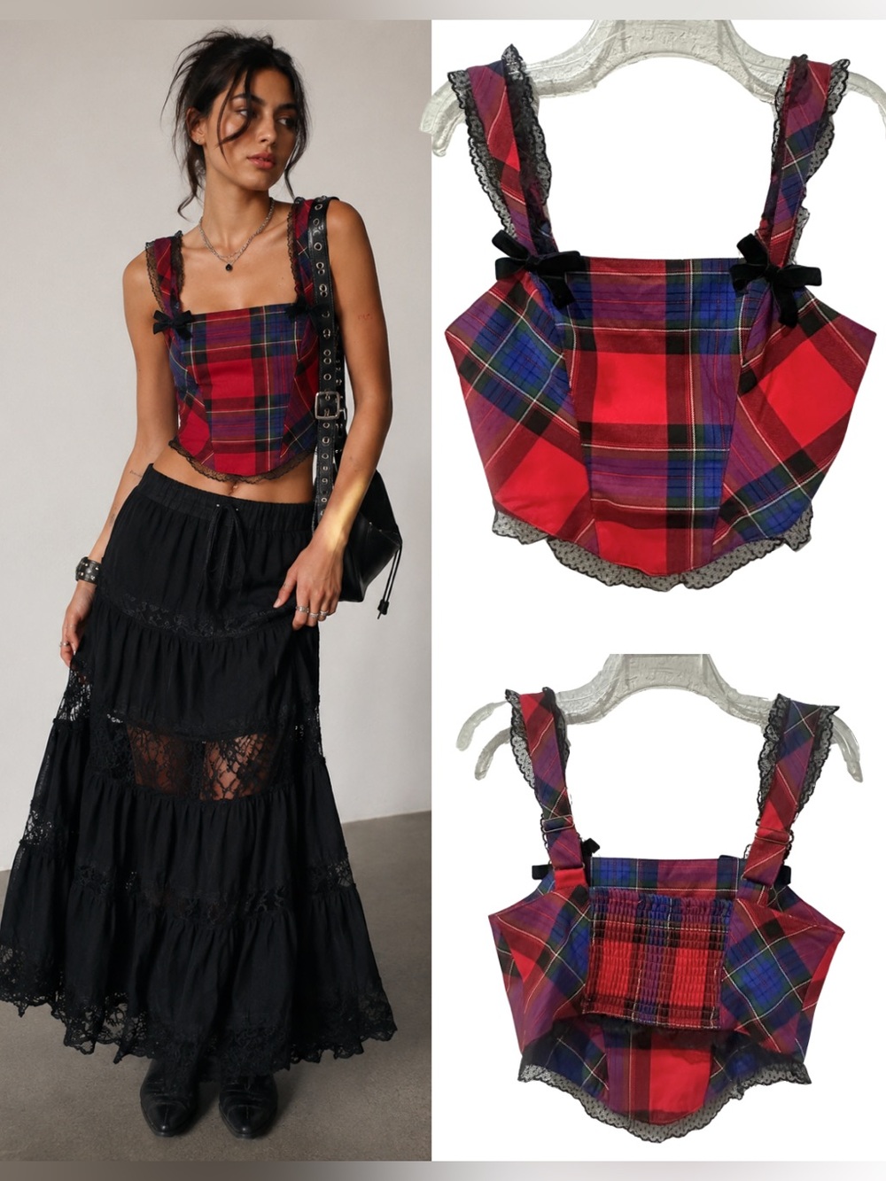 ❗️ Kimchi Blue red black blue purple green Plaid Bustier size medium lace bows